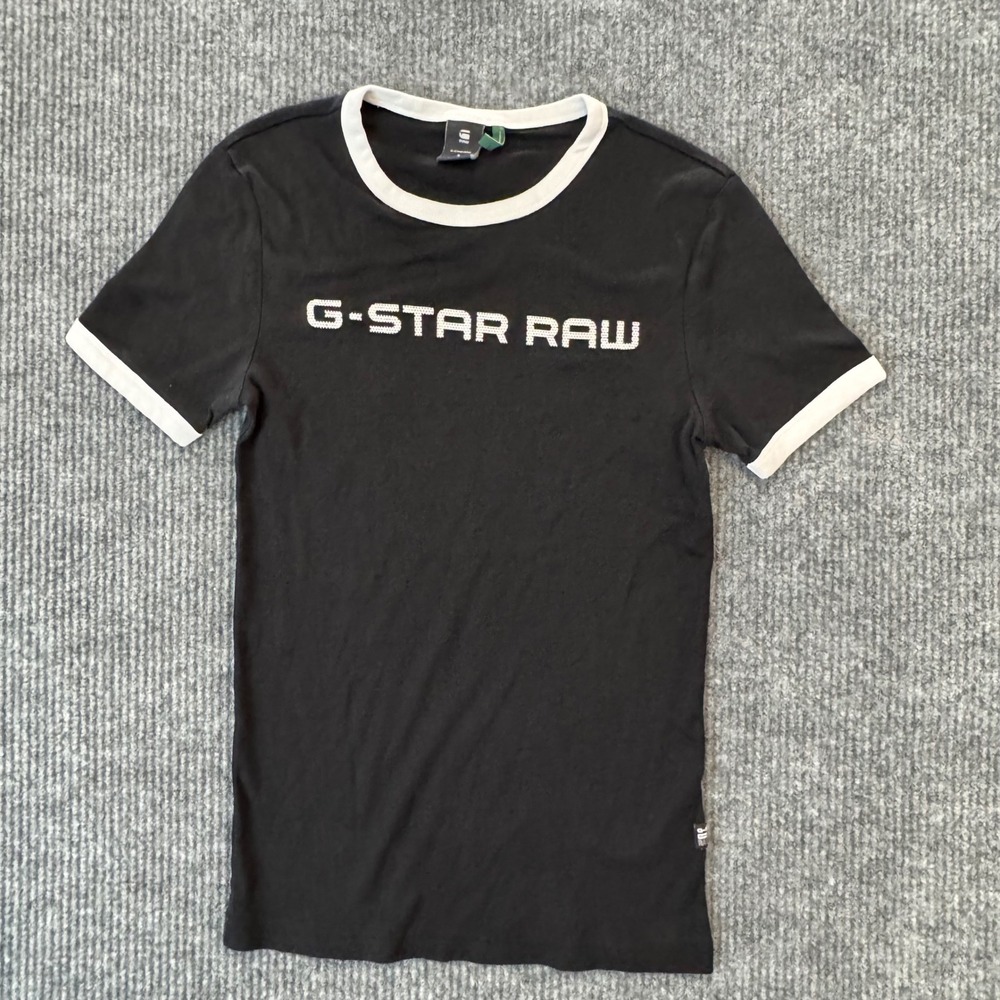 G-Star RAW Ringer T-Shirt‎ Mens S Black White Logo Tee Casual Streetwear Fit